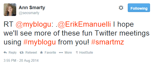Ann Smarty tweet about the Twitter Chat #smartmz