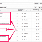 Screenshot of Google Keyword planner search of "home business opportunities" keywords