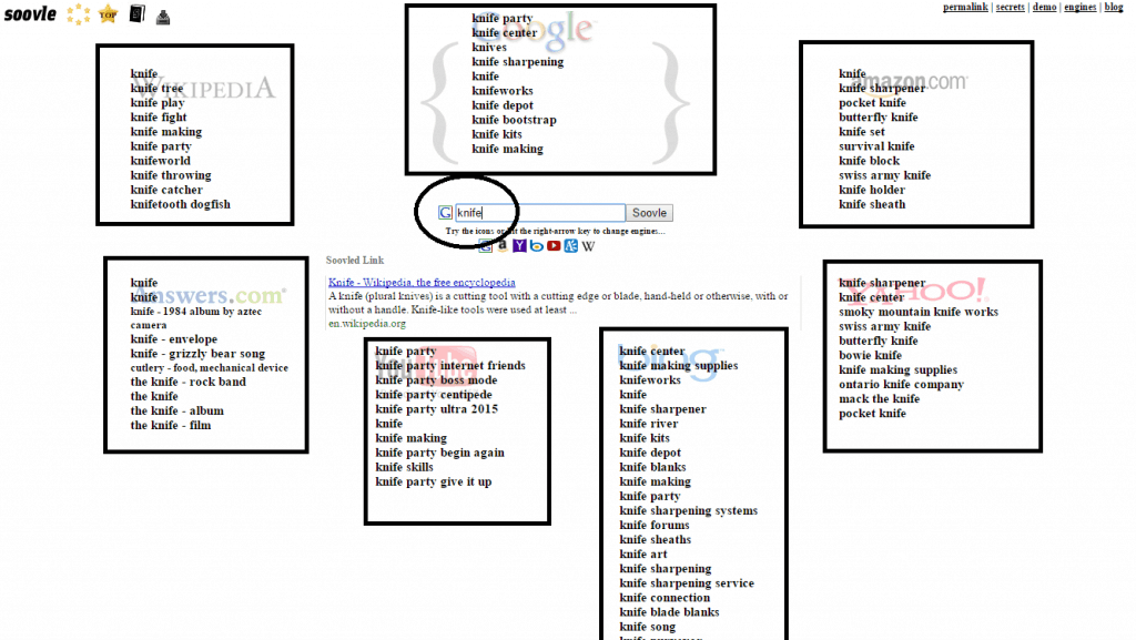 Screenshot for "knife" results using Soovle.com