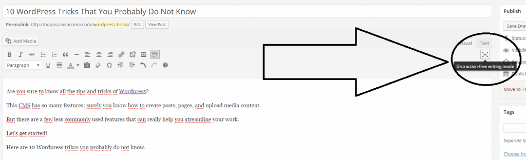 how to enable distraction-free writing mode in wordpress - screenshot at NoPassiveIncome blog dashboard