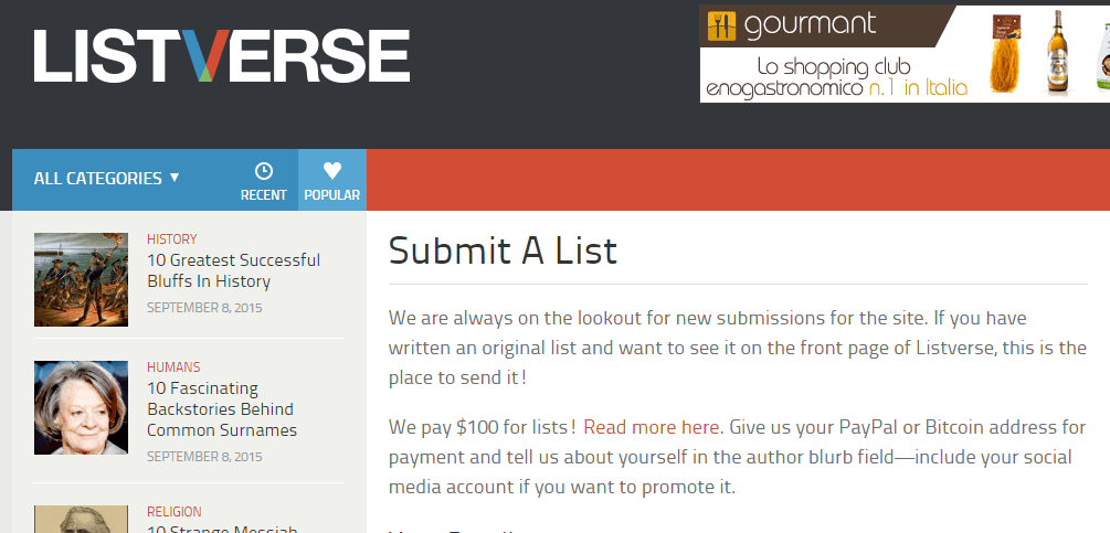 Listverse submission page screenshot