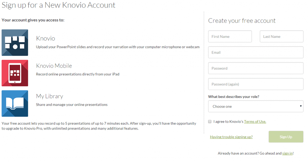 sign up for a new knovio account
