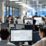 A group of professionals collaborating in an office environment, focused on their computers at desks