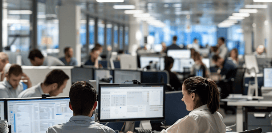 A group of professionals collaborating in an office environment, focused on their computers at desks