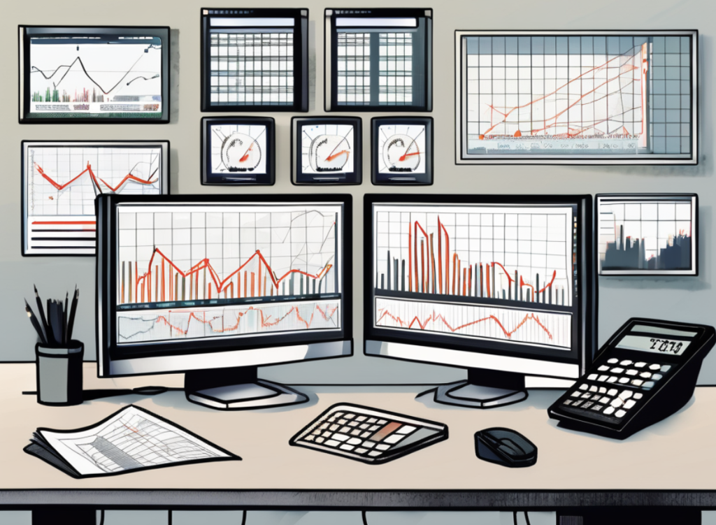 two screens with computer on a desktop for trading