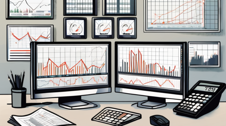 two screens with computer on a desktop for trading